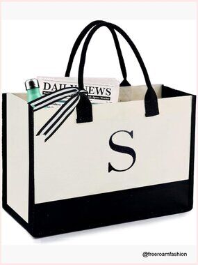 Large Canvas Tote Bag with Monogram Embroidery, Inner Zipper Pouch, Removable